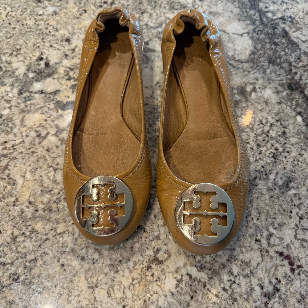 Tory Burch Brown Leather Flats with Silver Logo